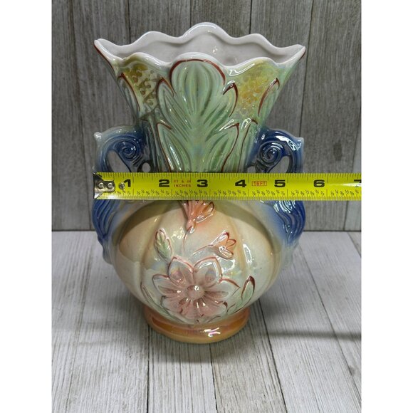 Vintage Lusterware Vase Art Pottery Floral Double Handle 9" - Made in Brazil - Picture 11 of 13